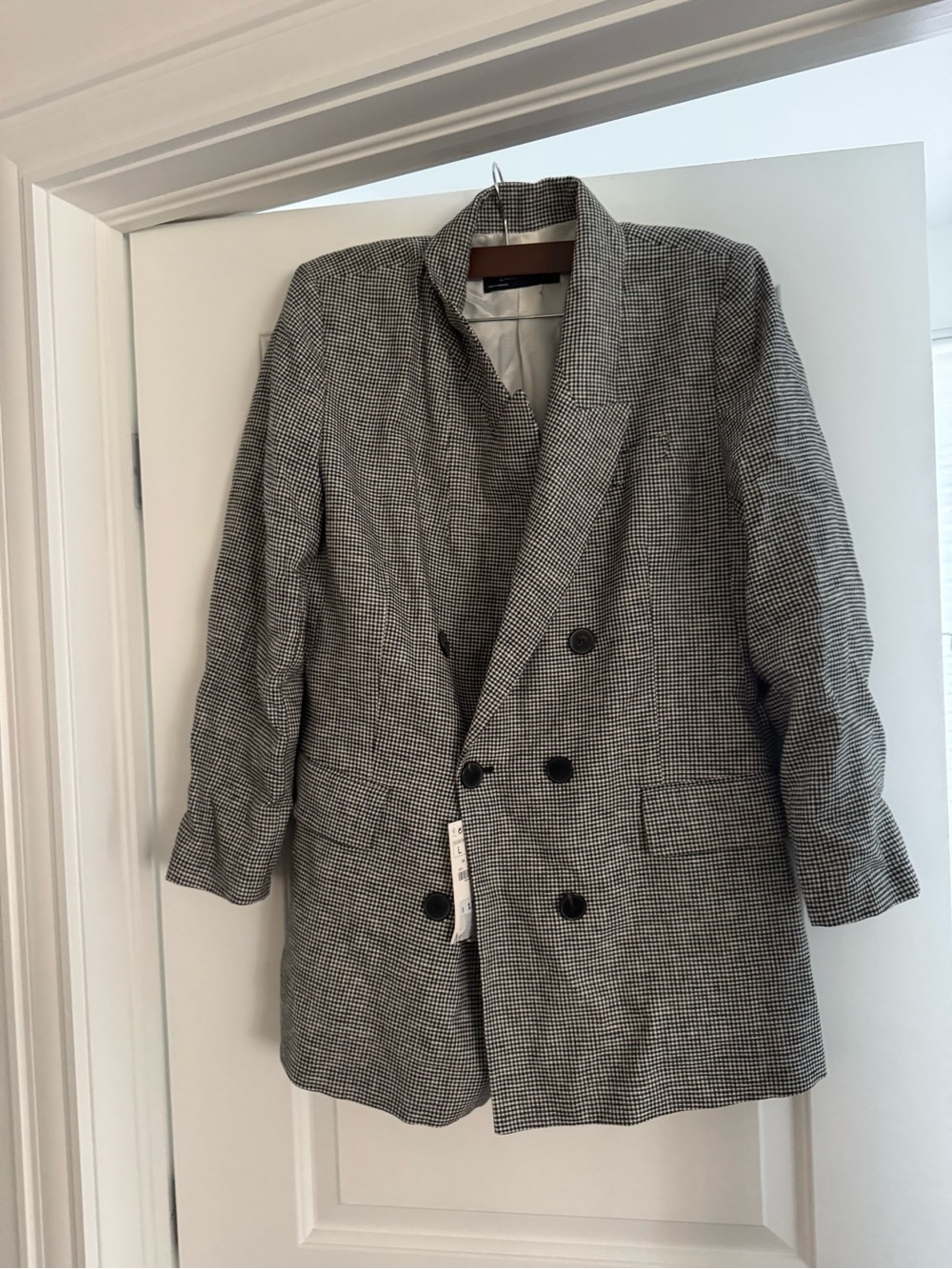 NWT ZARA GINGHAM  linen blend Double-Breasted Houndstooth Blazer